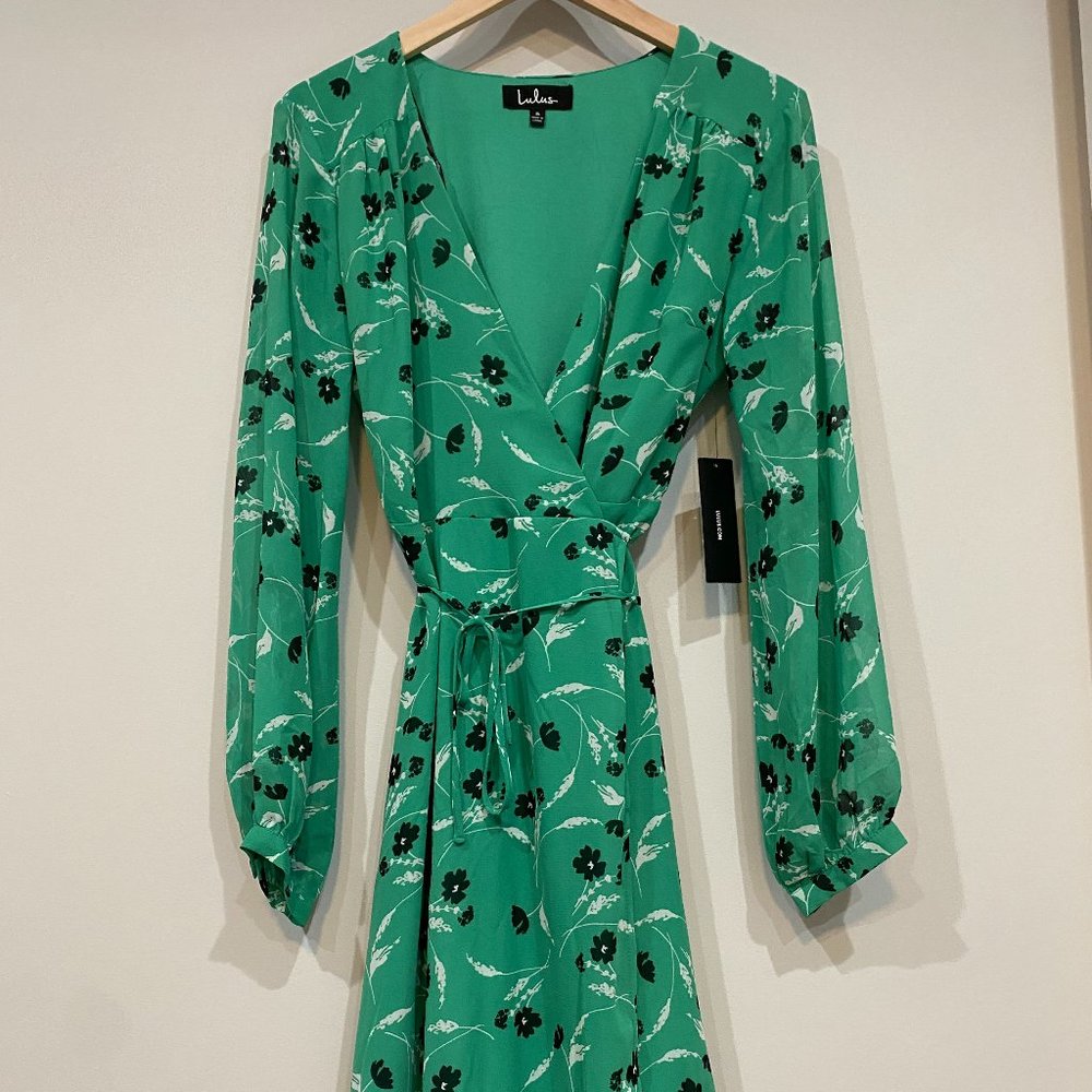 NWT ✨ Lulus - Wrapped in Wonder Green Floral Print Long Sleeve Wrap Dress - S - Picture 6 of 7